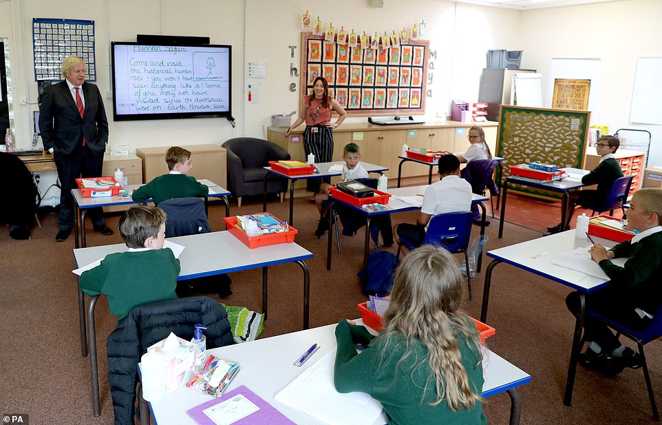 Mr Johnson joining a socially distanced lesson during a visit to Bovingdon Primary School in Bovingdon on June 19, 2020
