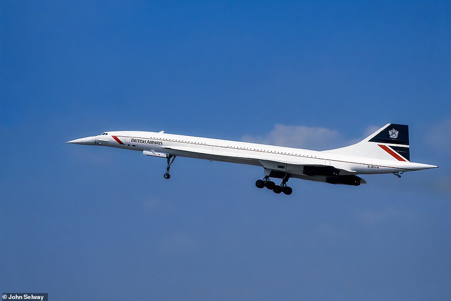 Concorde was the world’s first supersonic airliner and operated for 27 years, but it was grounded in October 2003. Pictured is British Airways Concorde G-BOAB taking off with its landing gear still extended over the Cotswolds town of Fairford, Gloucestershire on July 20, 1996, during the annual RAF Fairford airshow