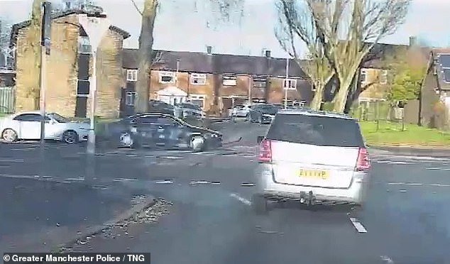 Police are seen pursuing the reckless motorists through residential roads where Ghalib drives straight down a give way lane and tries to trick officers into turning right before sharply veering left