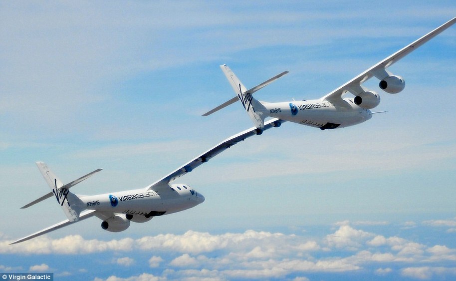 WhiteKnightTwo (artist's impression) is a custom-built, four-engine, dual-fuselage jet aircraft, designed to carry SpaceShipTwo up to an altitude of around 50,000 feet (15,240 metres)