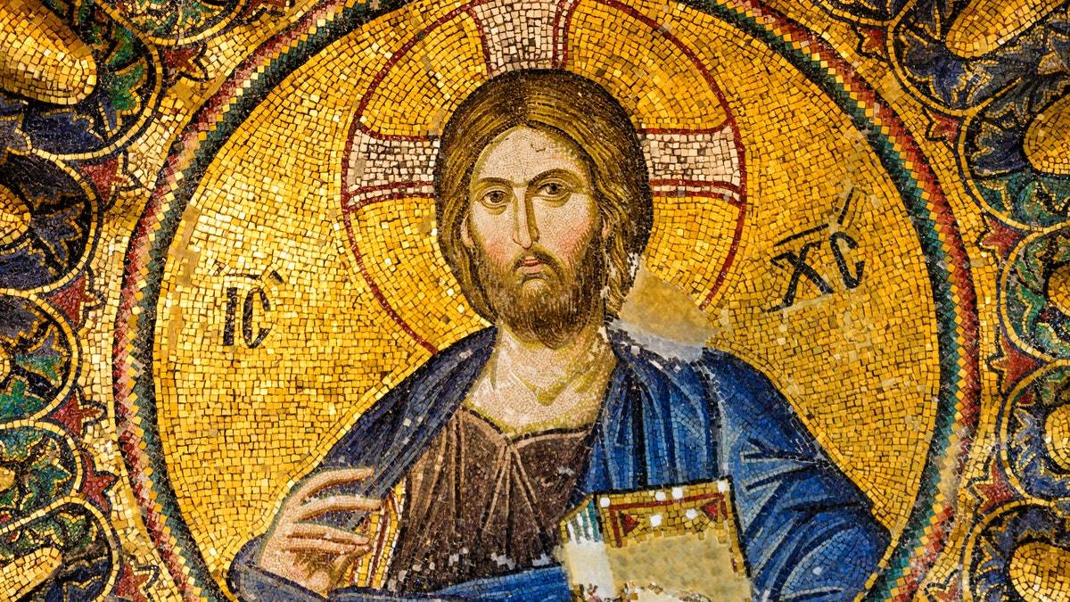 Photo shows a mosaic of Jesus Christ from the 13th Century that is located in a Turkish church