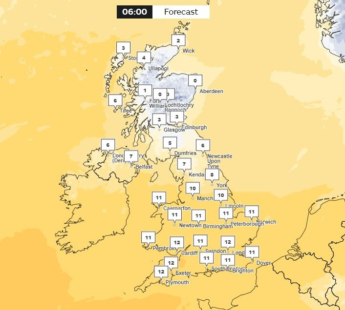 Temperatures are set to plummet to 0c in parts of the UK tomorrow morning