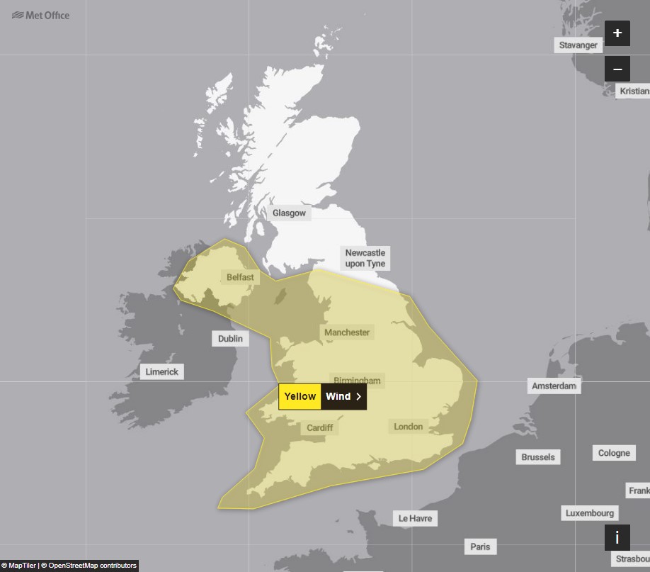 The Met Office has issued a yellow wind warning
